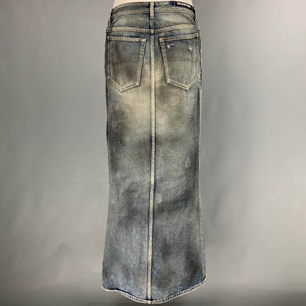 BALENCIAGA Size 6 Blue Grey Cotton Distressed Pencil Long Skirt - Picture 3 of 7